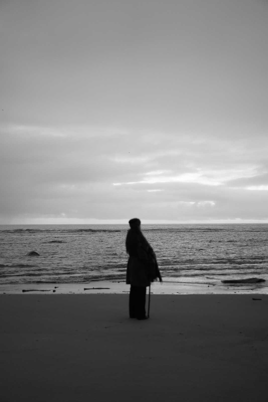 A person silhouetted on a beach beneath a cloudy sky.